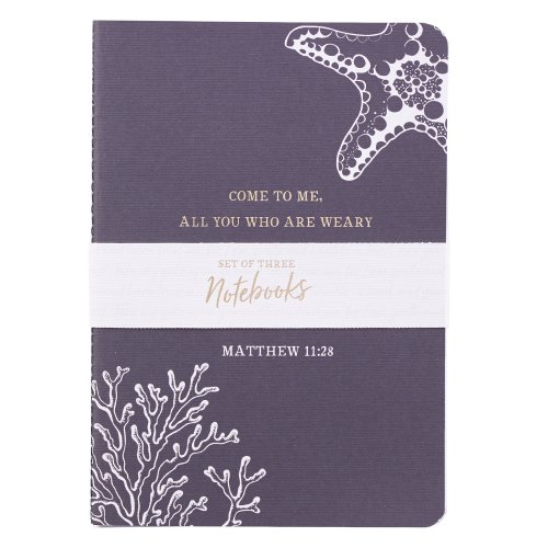 Christian Art Gifts Slim Scripture Notebooks for Women, I Will Give You Rest - Matthew Inspirational Bible Verse Variety, Blue toned Set/3 Medium