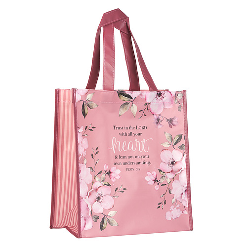 Christian Art Gifts Reusable Shopping Tote Bag: Trust In The Lord Floral Proverbs 3:5 Bible Verse  Inspirational Durable Pink Tote Bag for Groceries, Books, Supplies