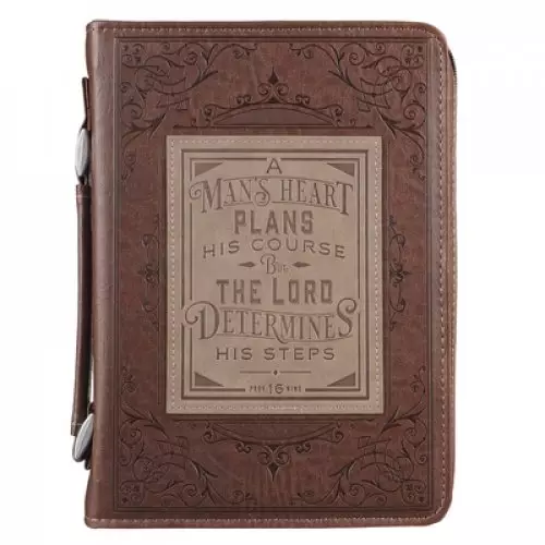Medium A Man's Heart Proverbs 16:9, Brown/Tan Faux Leather, Men's Classic Bible Cover