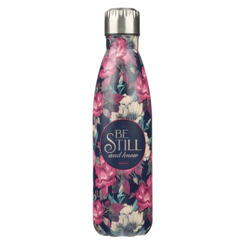 Water Bottle SS Navy Flowers Be Still & Know Ps. 46:10