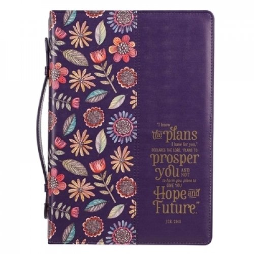Large "I Know the Plans"  Purple Floral Faux Leather Bible Cover - Jeremiah 29:11