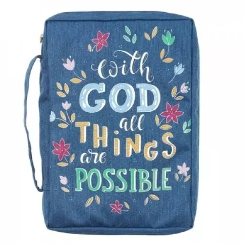 Medium With God All Things are Possible Blue Floral Canvas Bible Cover - Matthew 19:26
