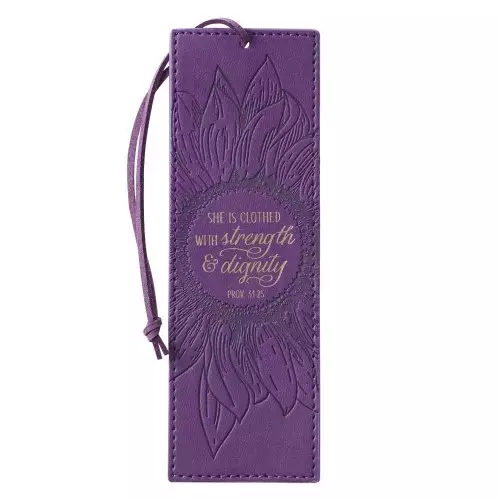 Strength and Dignity Purple Sunflower Faux Leather Bookmark - Proverbs 31:25