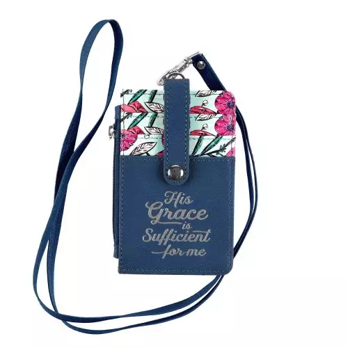 ID Card Holder Blue/Teal Floral Printed His Grace is Sufficient