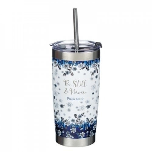 Mug SS Travel White/Navy Floral Be Still Ps. 46:10