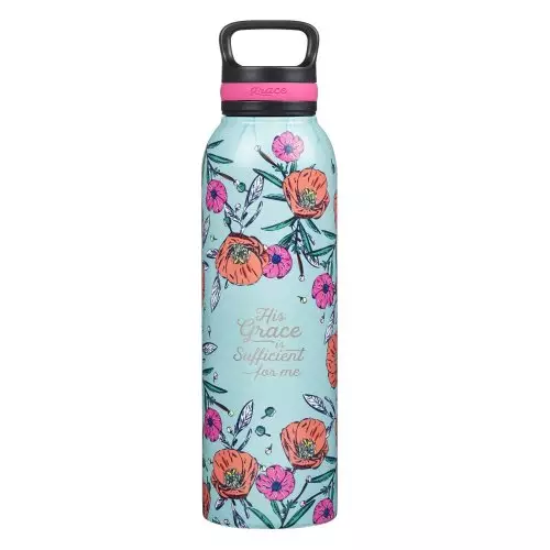 Water Bottle SS Teal Flowers His Grace is Sufficient 2 Cor. 12:9