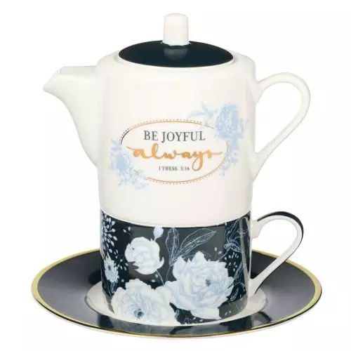 Tea for One Navy Floral Be Joyful always 1 Thess. 5:16