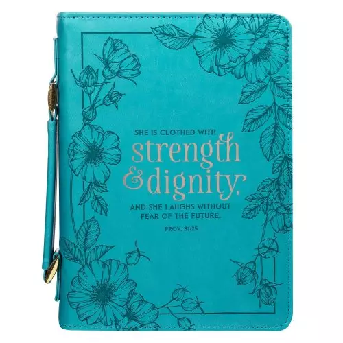 Large "She is Clothed Strength Dignity" Proverbs 31 Teal Floral Bible Cover, Faux Leather