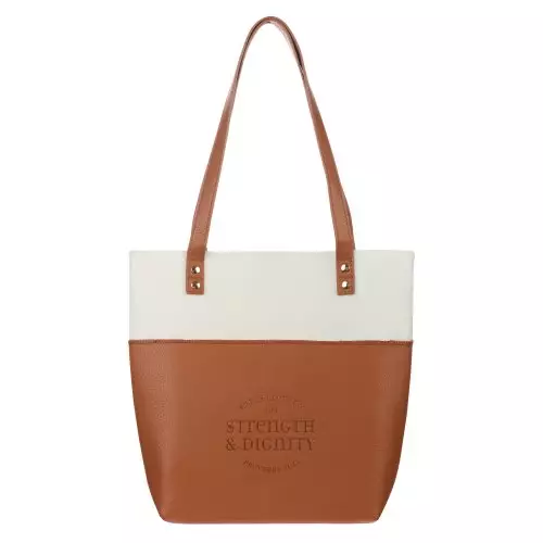 Strength and Dignity Light Brown and Cream Faux Leather Fashion Bible Cover Tote Bag - Proverbs 31:25, One Size
