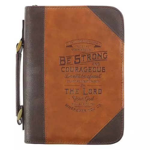 Large Be Strong and Courageous  Saddle Tan/Brown Faux Leather, Bible Cover, Joshua 1:9
