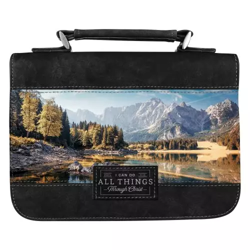 Large All Things Through Christ Scenic Mountainous Valley, Black Faux Leather Bible Cover - Philippians 4:13