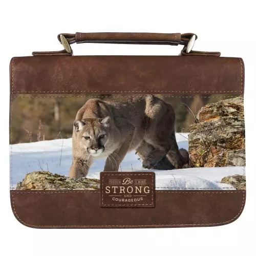 Large Be Strong and Courageous Mountain Lion, Toffee Brown Faux Leather Bible Cover - Joshua 1:9
