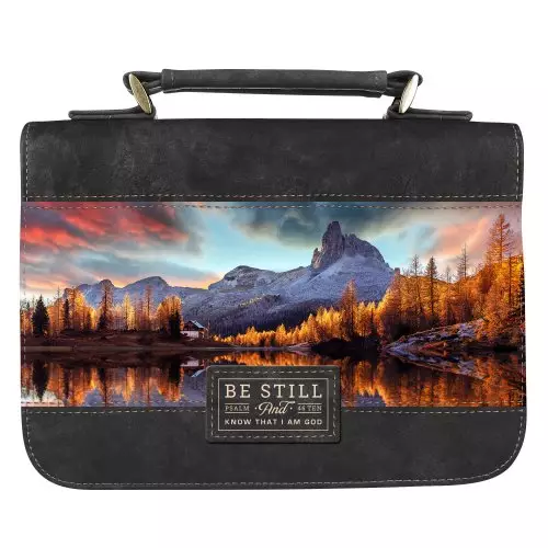 Medium Be Still and Know Majestic Valley and Mountains, Charcoal/Gray Classic Faux Leather Bible Cover - Psalm 46:10