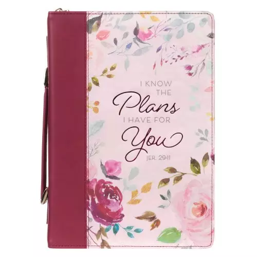 Large I Know The Plans Pink/Plum Floral Faux Leather Bible Cover: - Jeremiah 29:11