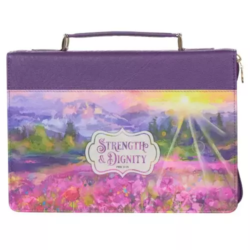 Large Strength and Dignity Scenic Floral Purple Faux Leather Bible Cover, - Proverbs 31:25
