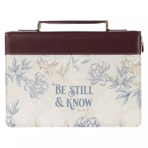 Medium Be Still and Know  Neutral Floral, Brown/Beige Faux Leather Fashion Bible Cover - Psalm 46:10