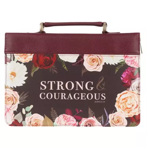 Medium : Strong and Courageous Merlot Floral Rose Bouquet Protective Faux Leather Fashion Bible Cover - Joshua 1:9