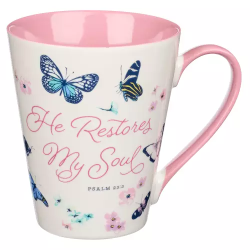 Christian Art Gifts Comforting Butterfly Ceramic Scripture Coffee and Tea Mug for Women: He Restores My Soul - Psalm 23:3 Bible Verse, Dishwasher/Microwave Safe, Pink and White Floral, 14 oz.
