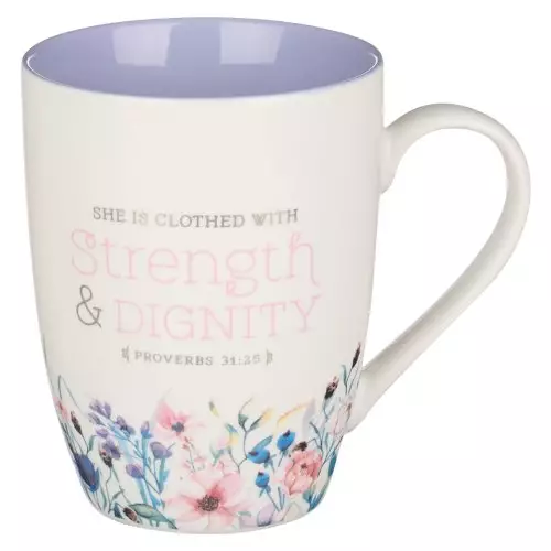 Mug Purple/White Floral Strength & Dignity Prov. 31:25