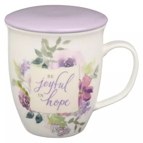 Mug with Lid Purple/White Floral Be Joyful in Hope Rom. 12:12