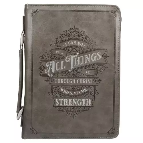 Large All Things Through Christ, Protective Charcoal Gray Faux Leather Classic Bible Cover - Philippians 4:13