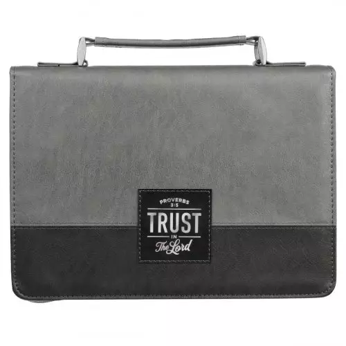 Medium "Trust in the Lord" Charcoal Gray and Black Faux Leather Classic Bible Cover - Proverbs 3:5