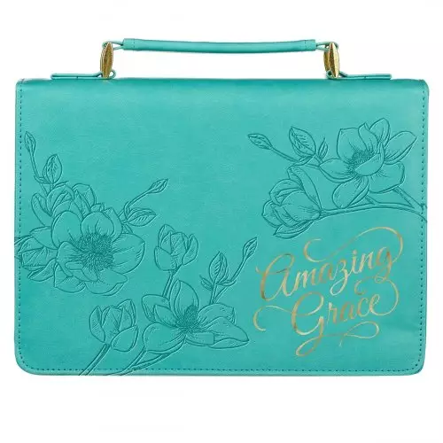Large "Amazing Grace" Teal Flower Faux Leather Bible Cover