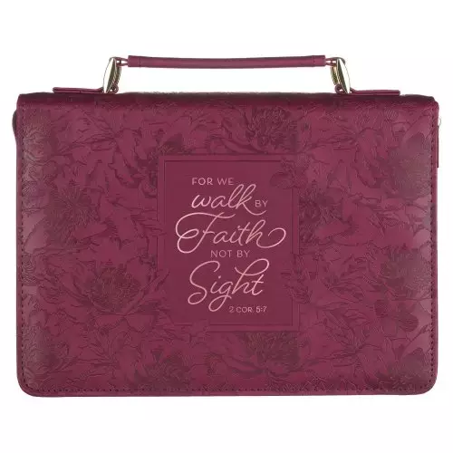 Large Walk By Faith Protective Maroon Floral Faux Leather Bible Cover - 2 Corinthians 5:7