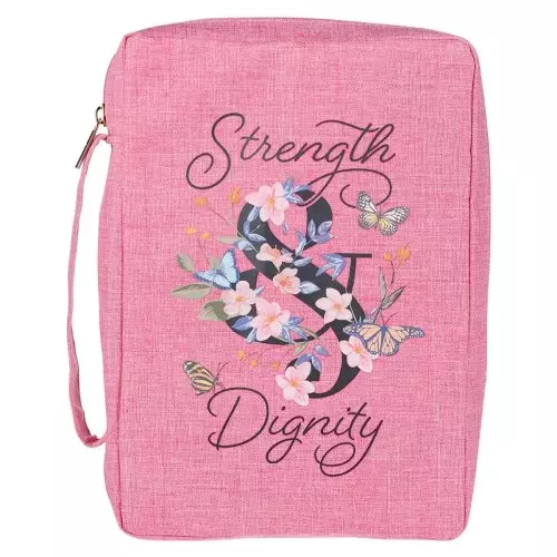 Large "Strength & Dignity" - Proverbs 31:25, Pink Butterfly Floral Polyester Canvas Bible Cover