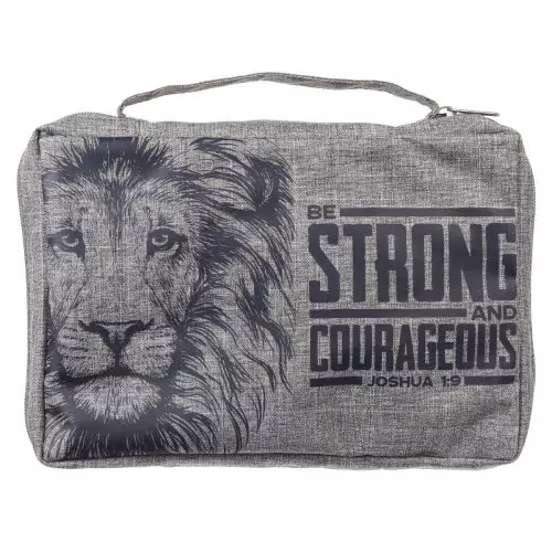 Large  Strong & Courageous Bold Lion Gray Poly-canvas Bible Cover - Joshua 1:9
