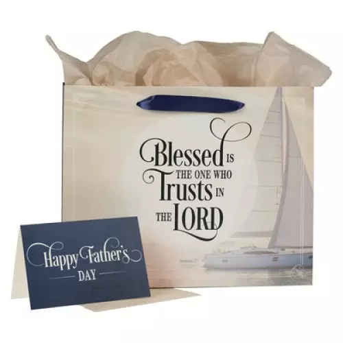 Gift Bag w/ Card LG Landscape Tan/Navy Blessed Father's Day Jer. 17:7