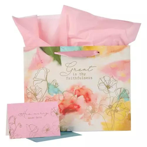 Christian Art Gifts Landscape Gift Bag with Card and Tissue Paper Set: Great Is Thy Faithfulness - Inspirational Song and Hymn, Pink, Large