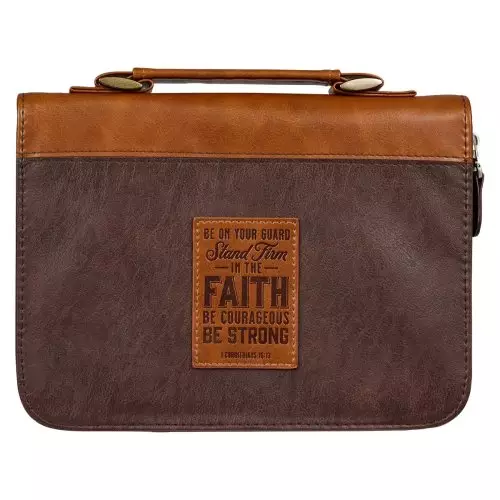 Large  Stand Firm in the Faith Two Tone Brown Classic Faux Leather Bible Cover - 1 Corinthians 16:13