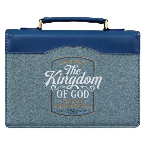 Large Seek First the Kingdom of God Metallic Blue Vegan Leather Fashion Bible Cover  - Matthew 6:33