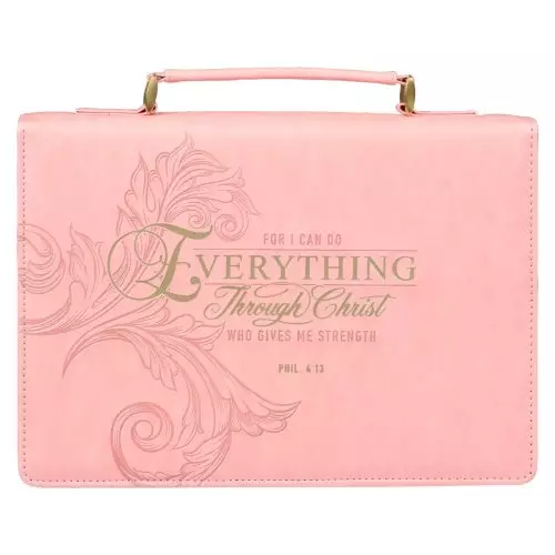 Large Everything Through Christ Pink & Gold Floral Faux Leather Fashion Bible Cover - Phil. 4:13