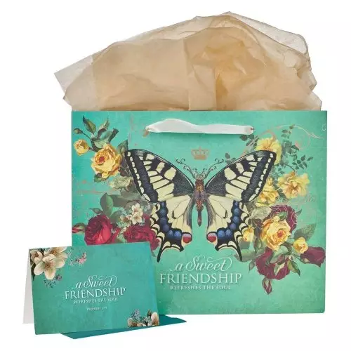 Sweet Friendship - Proverbs 27:9 Teal Large Landscape Gift Bag w/Card & Tissue Paper Set