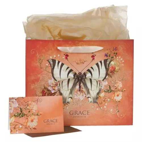 Grace - Ephesians 2:8 Red Large Landscape Gift Bag w/Card & Tissue Paper Set