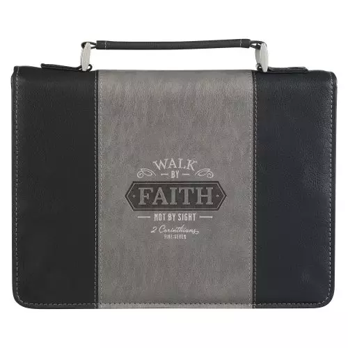 Medium Black & Gray w/Silver Walk by Faith Classic Bible Cover - 2 Corinthians 5:7