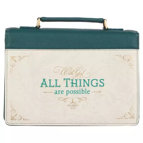 Medium - All Things are Possible Teal Vegan Leather Bible Cover - Matthew 19:26  Gold Zip