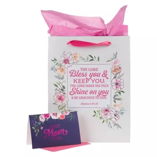 Best Mom/May the Lord Bless You & Keep You - Numbers 6:24 Pink Large Landscape Gift Bag w/Card & Tissue Paper Set