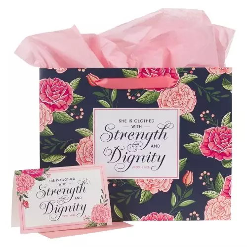 Set: Strength & Dignity - Proverbs 31:25, Blue Large Landscape Gift Bag w/Card & Tissue Paper