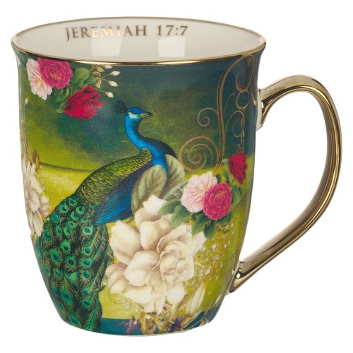 Mug Blue/White Peacock Blessed Jer. 17:7