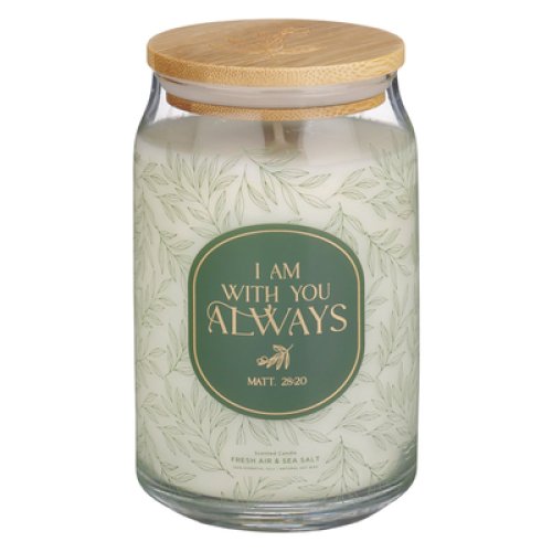 Glass Candle w/Bamboo Lid Green Leaves I Am With You Always Matt. 28:20