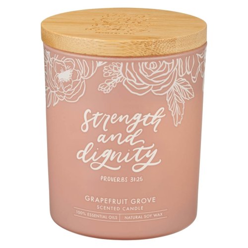 Glass Candle w/Bamboo Lid Pink Strength & Dignity Prov. 31:25