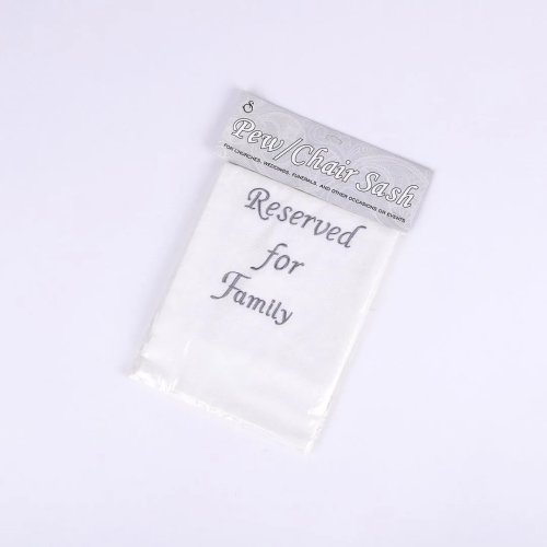 Pew Sash Reserved For Family White with Silver Letters