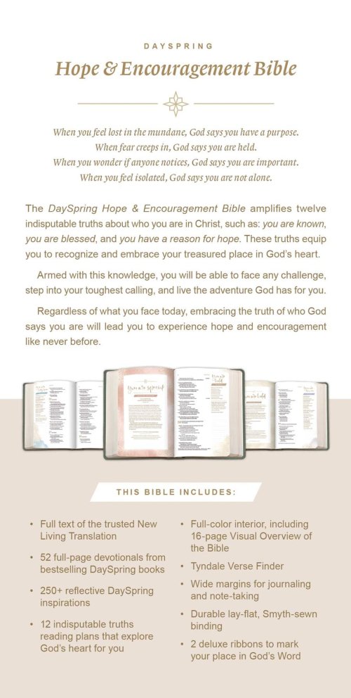 NLT DaySpring Hope & Encouragement Bible, Green, Hardback, Devotional, Reflections, Reading Plans, Wide Margin, Journalling, Ribbon Markers