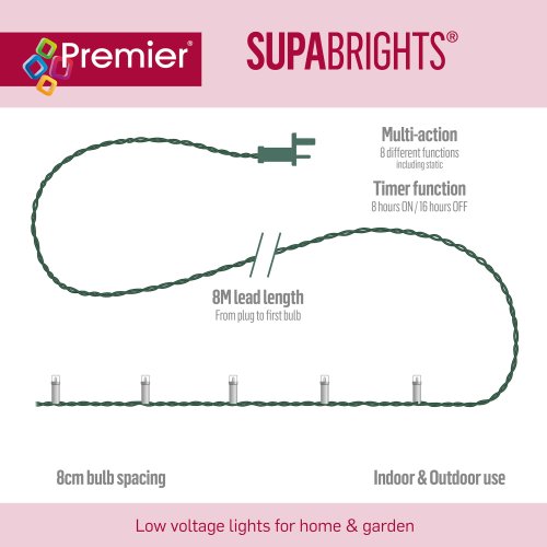 200 Multi-Action LED Supabrights with Timer in Warm White (Green Cable)