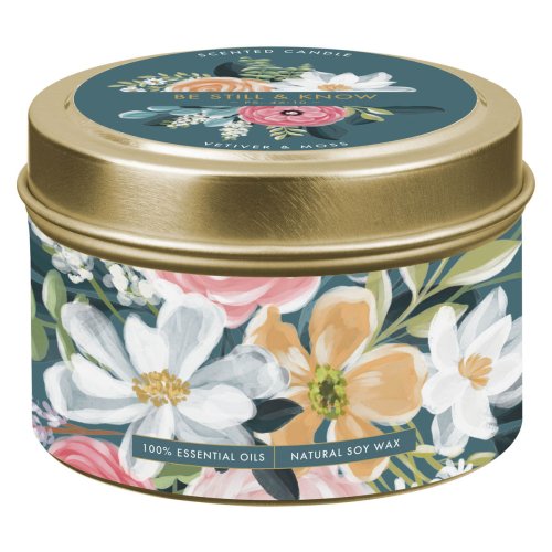 Tin Candle Floral Teal Be Still Ps. 46:10