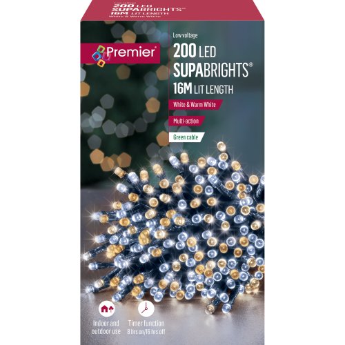 200 Multi-Action LED Supabrights with Timer in Mixed White & Warm White (Green Cable)