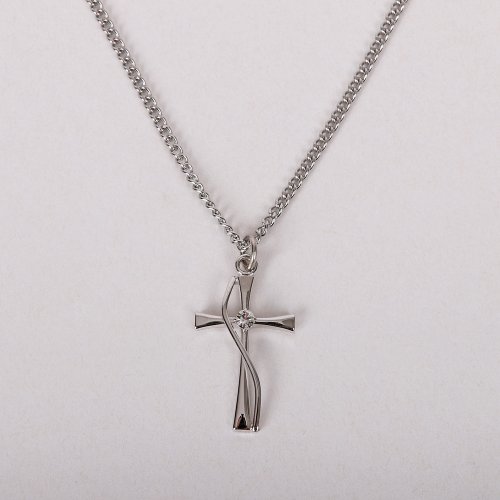 18" Sterling Silver Cross With Cubic Zirconia Necklace